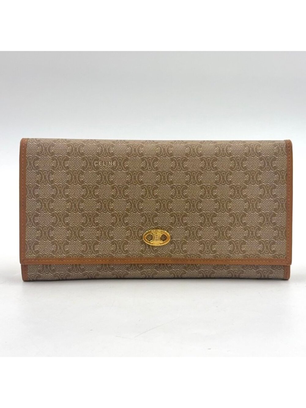 Celine Macadam Pattern Kiss Lock Bifold Wallet Leather Beige Gold